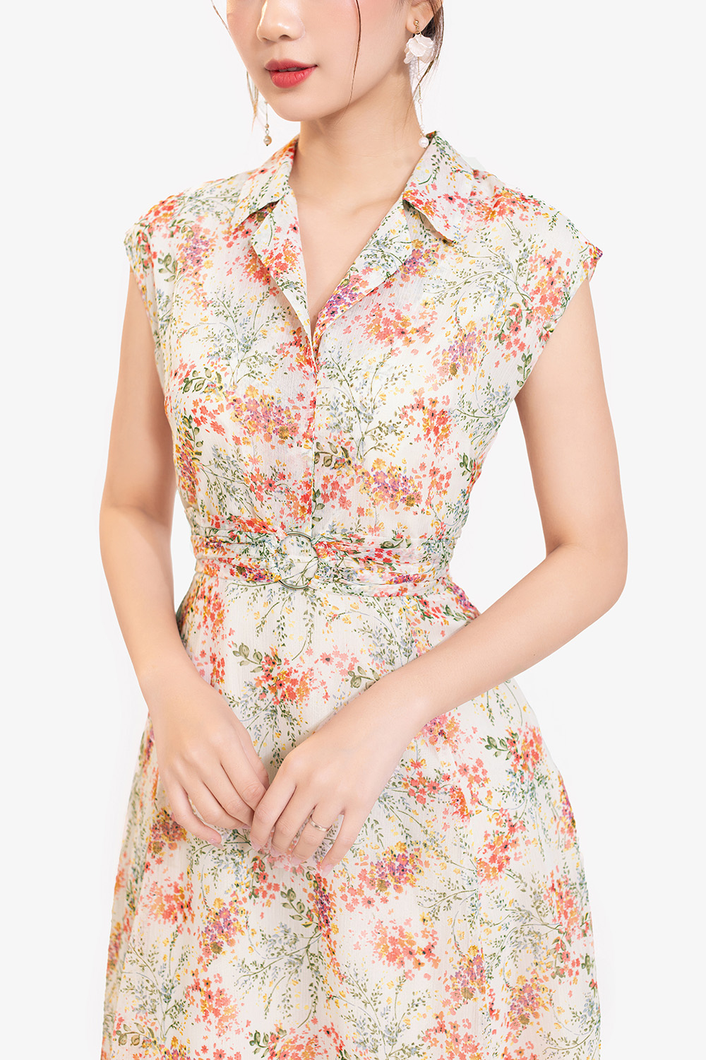 Đầm voan hoa nhí dáng xòe nhấn eo