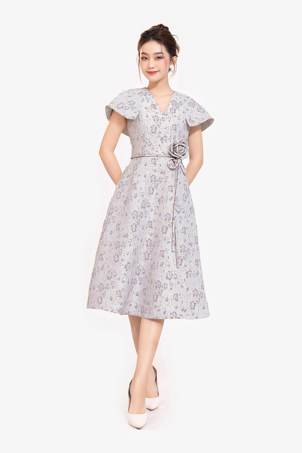 Đầm dự tiệc tafta dáng xòe phối hoa