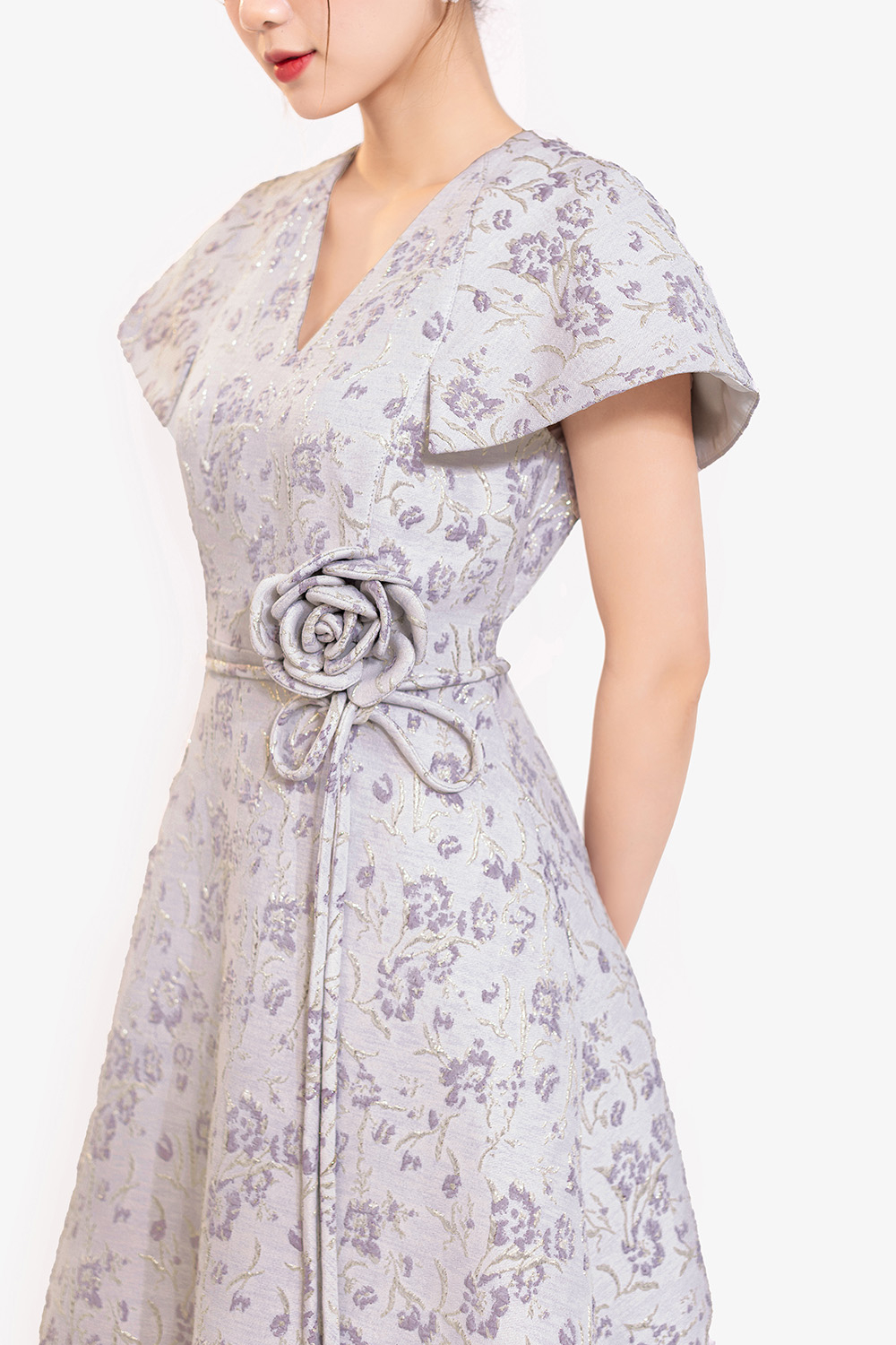 Đầm dự tiệc tafta dáng xòe phối hoa