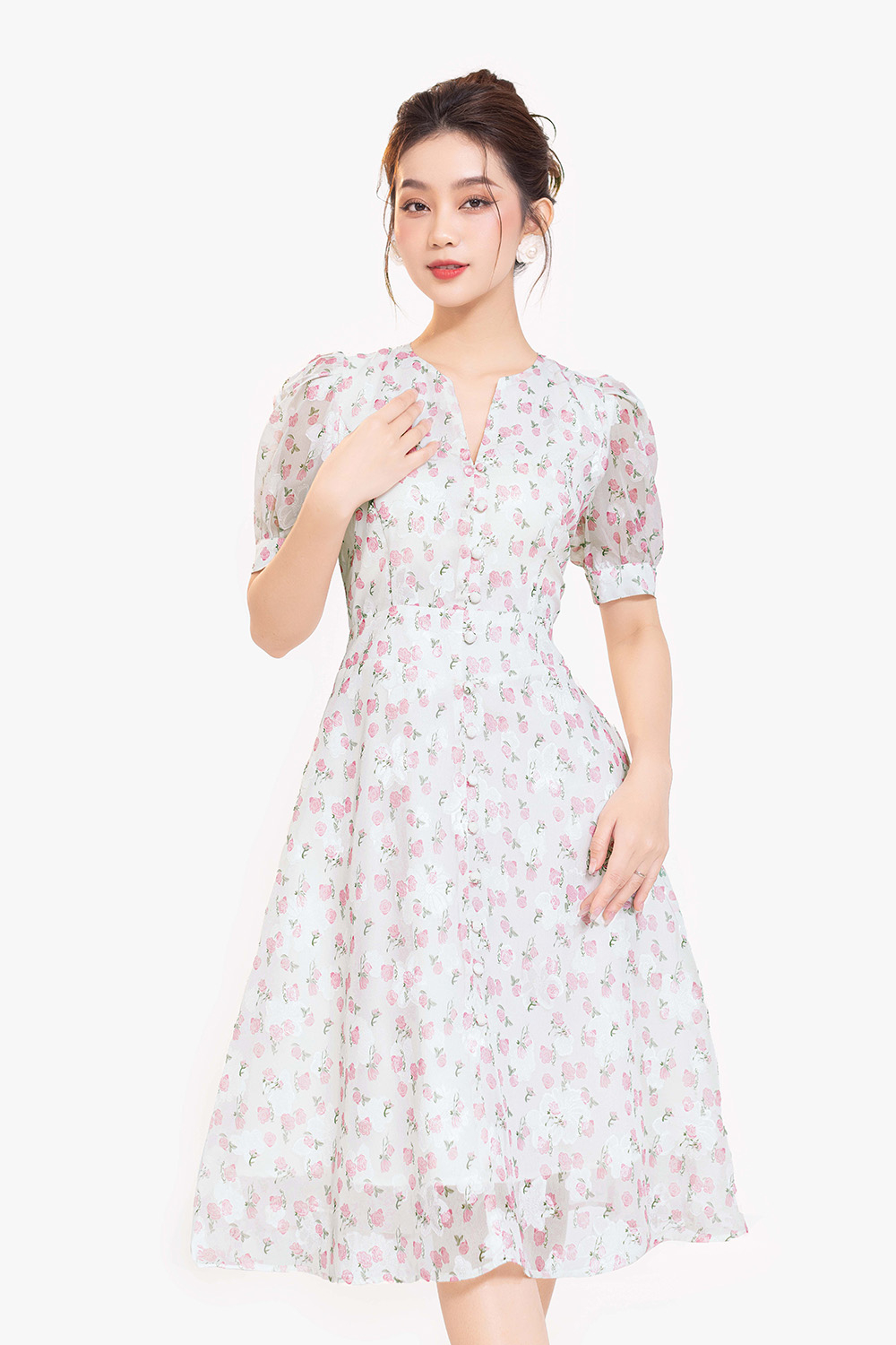 Đầm hoa nhí dáng xòe cổ xẻ V