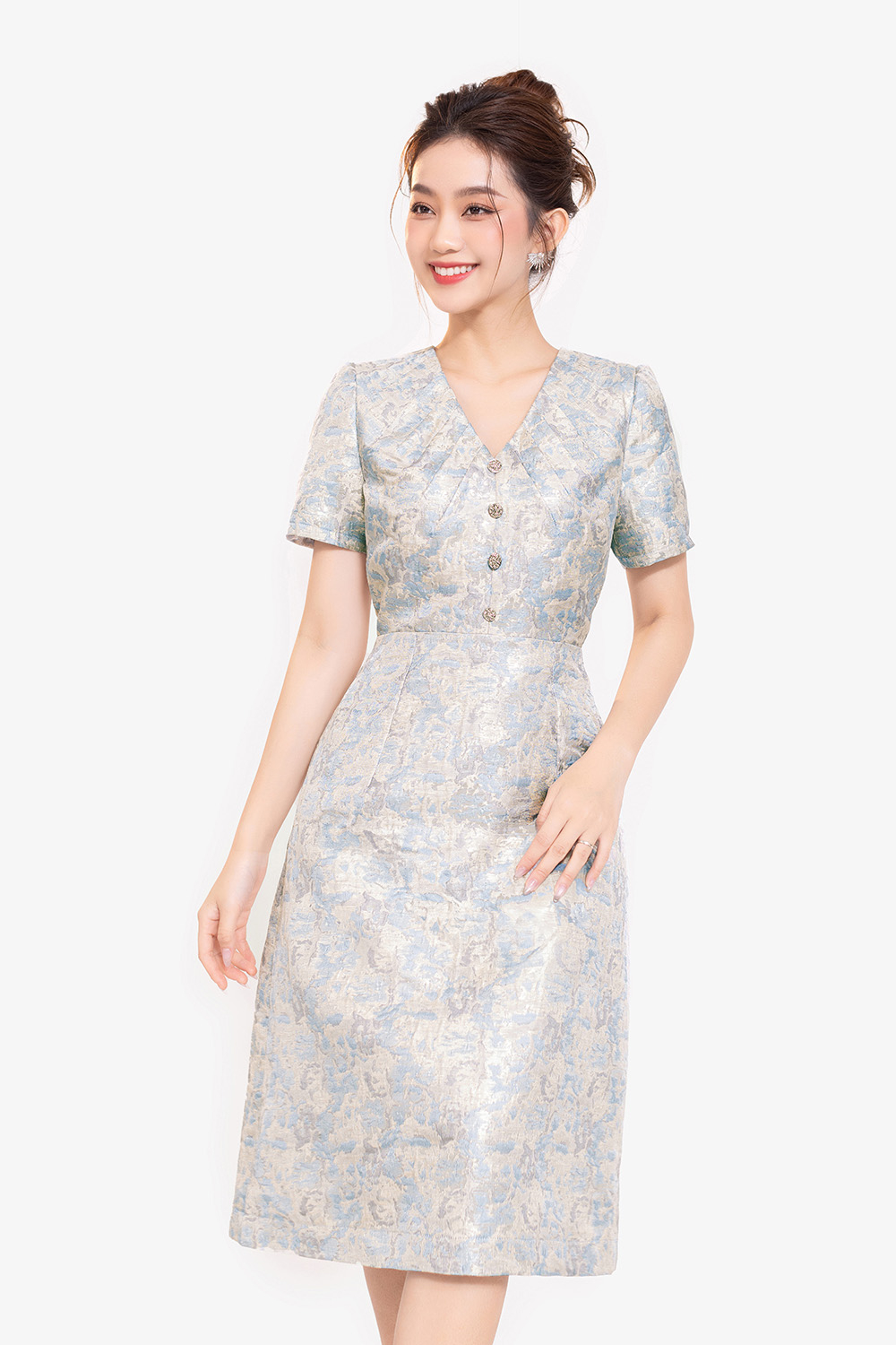 Đầm tafta dự tiệc dáng chữ A cổ V