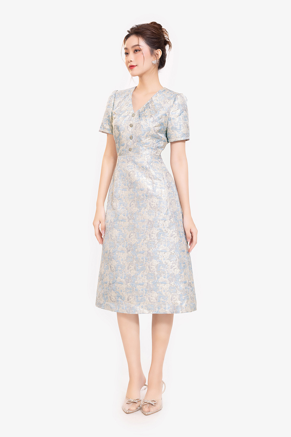 Đầm tafta dự tiệc dáng chữ A cổ V