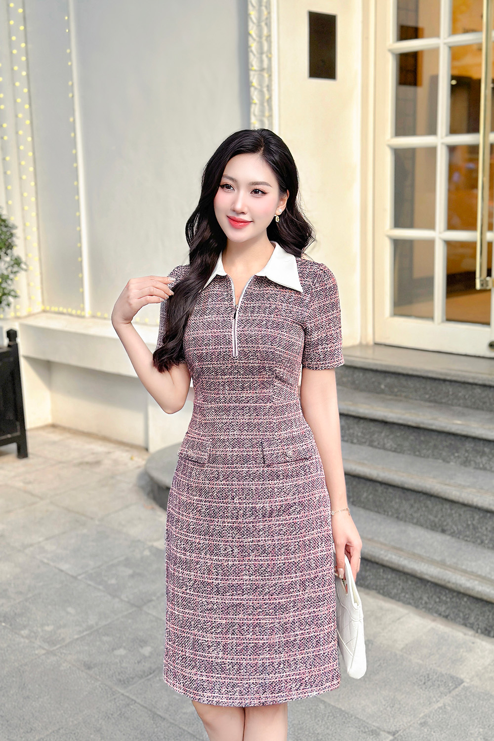 Đầm tweed công sở dáng chữ A