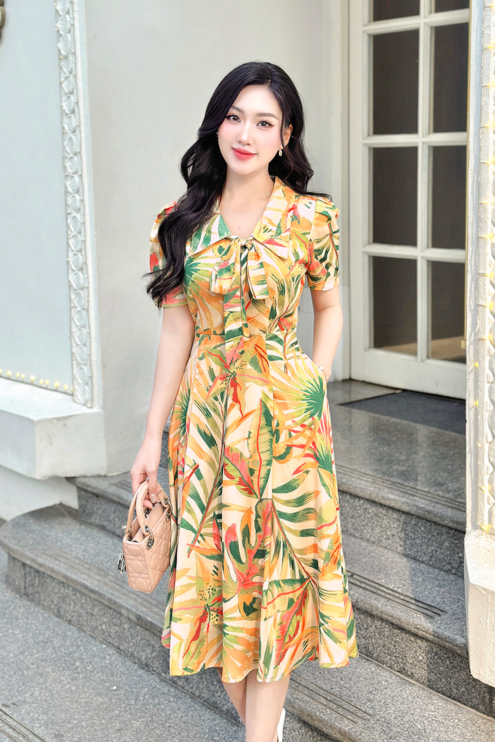 Đầm xòe họa tiết to bản nhiều màu