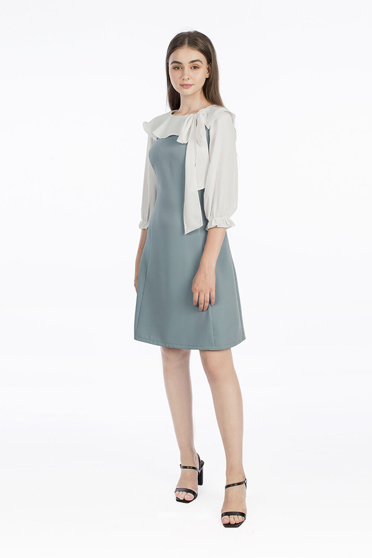 Đầm chữ A cổ phối bèo thắt nơ KK93-24