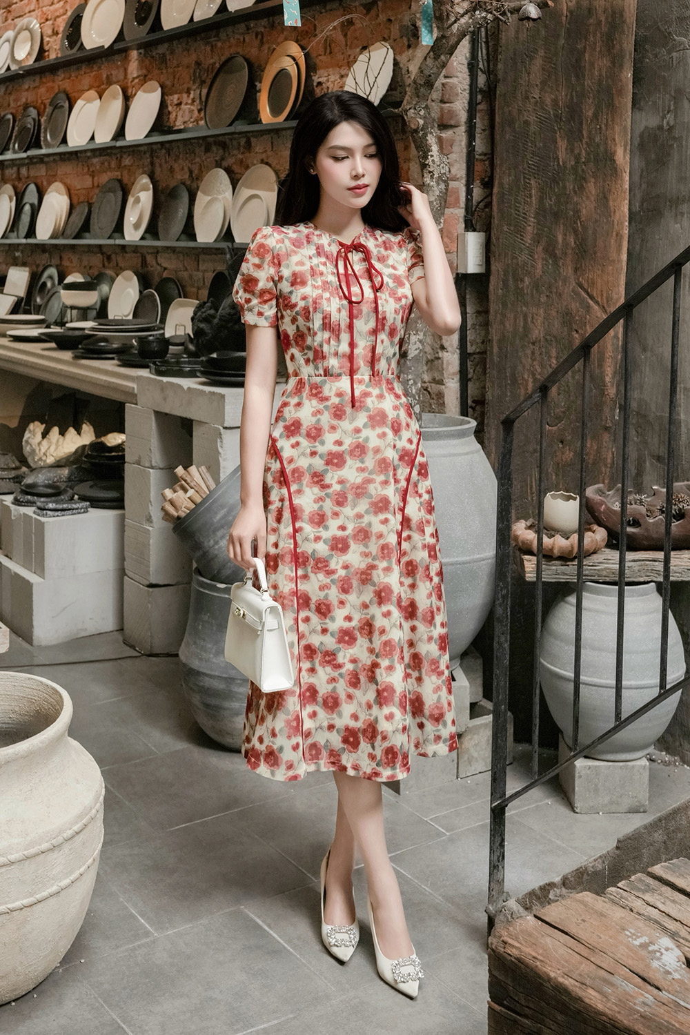 Đầm xòe voan hoa đỏ thắt nơ KK173-32