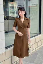 Đầm chữ A màu nâu tùng đắp chéo