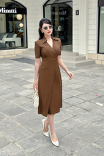 Đầm chữ A màu nâu tùng đắp chéo