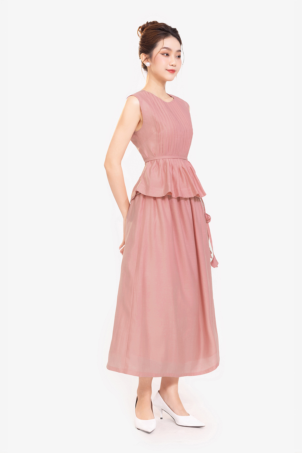 Áo kiểu xếp ly peplum eo thắt nơ