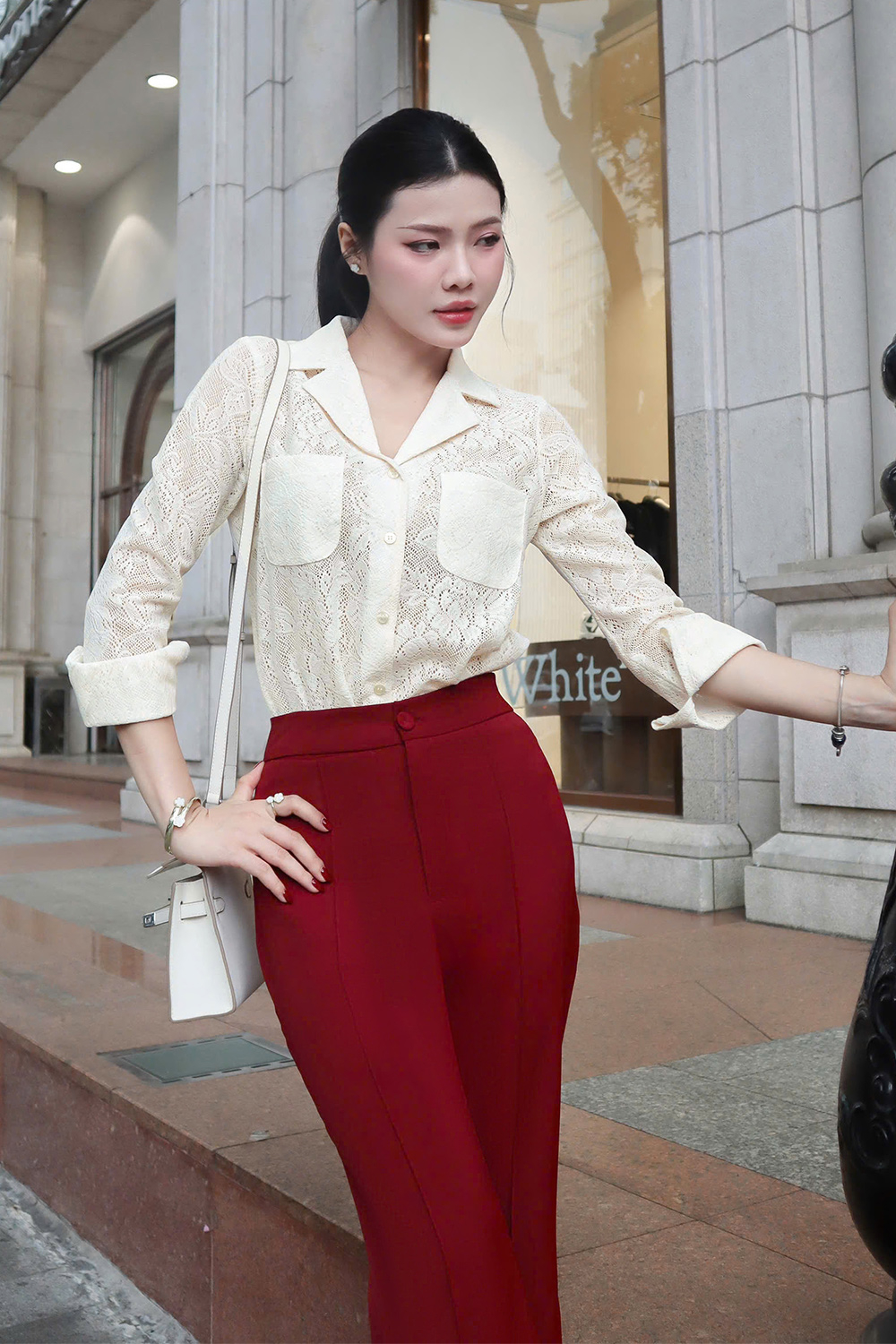 Áo ren kiểu sơ mi nữ cổ đan tông