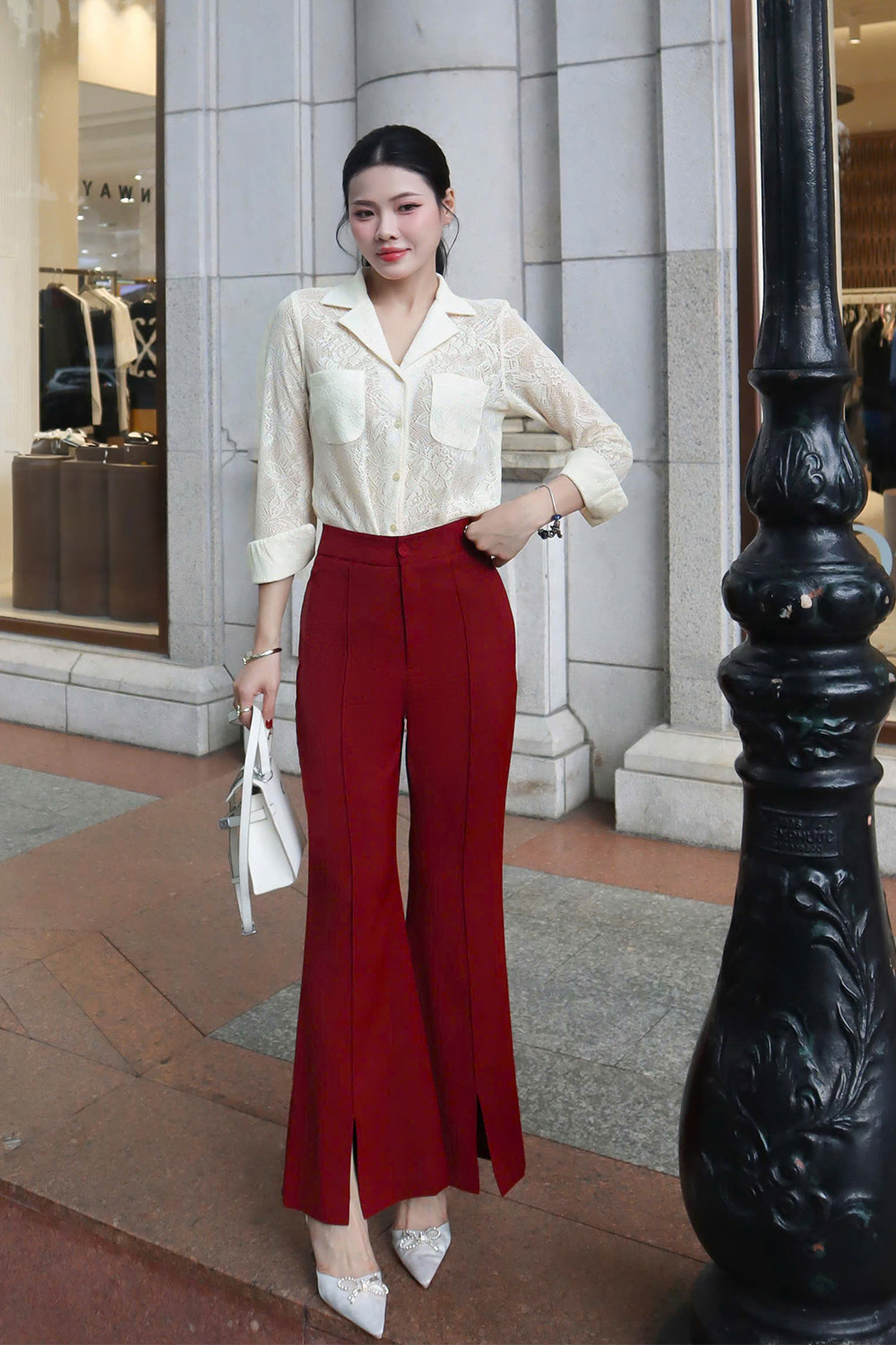 Áo ren kiểu sơ mi nữ cổ đan tông