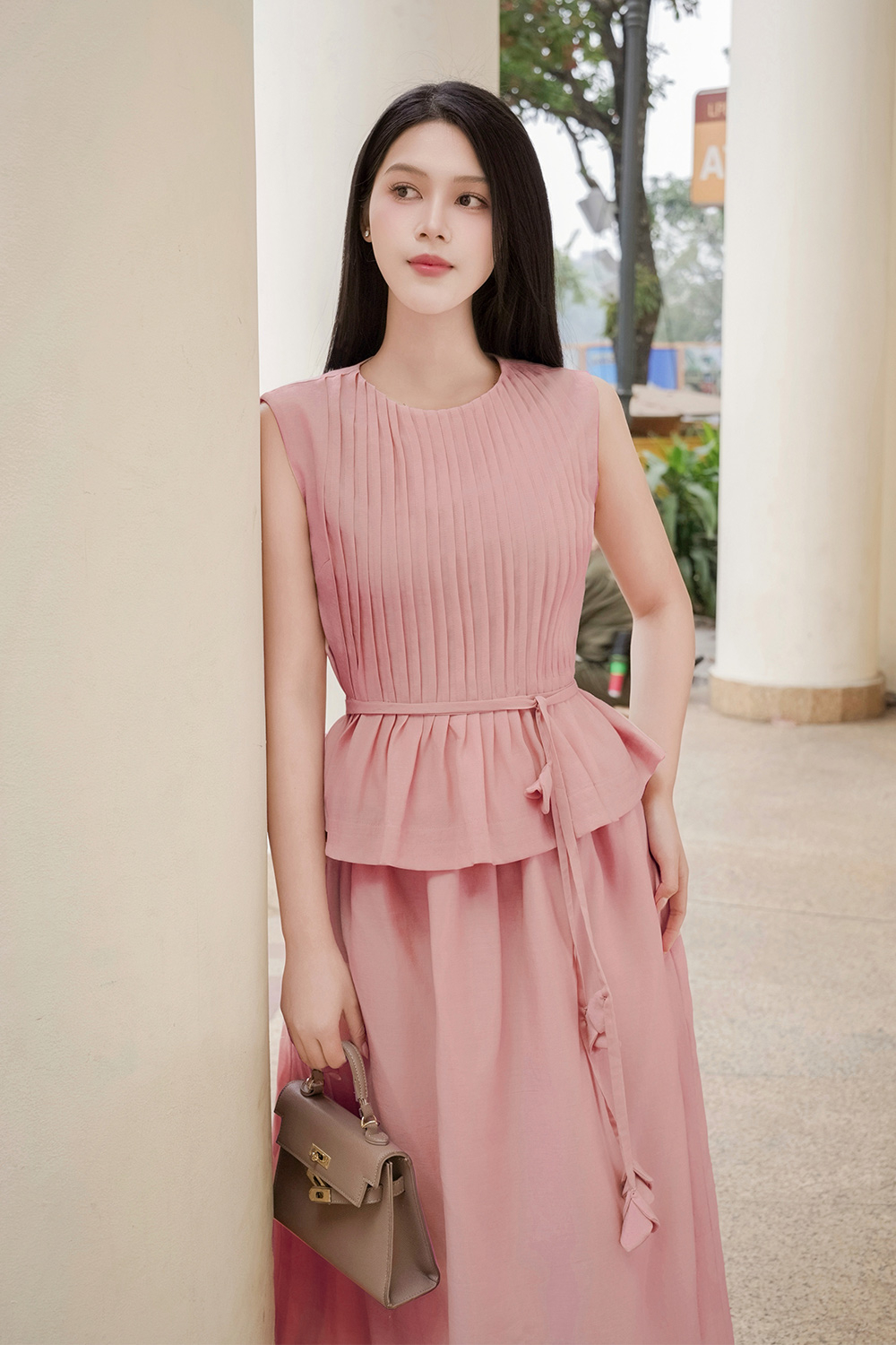 Áo kiểu xếp ly peplum eo thắt nơ