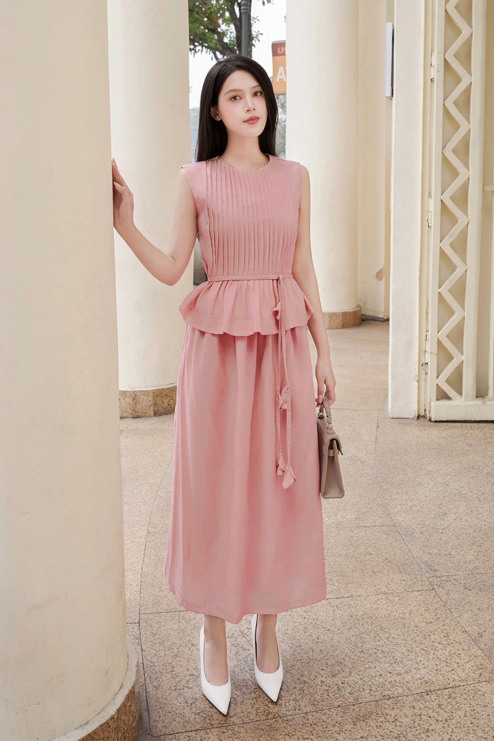 Áo kiểu xếp ly peplum eo thắt nơ