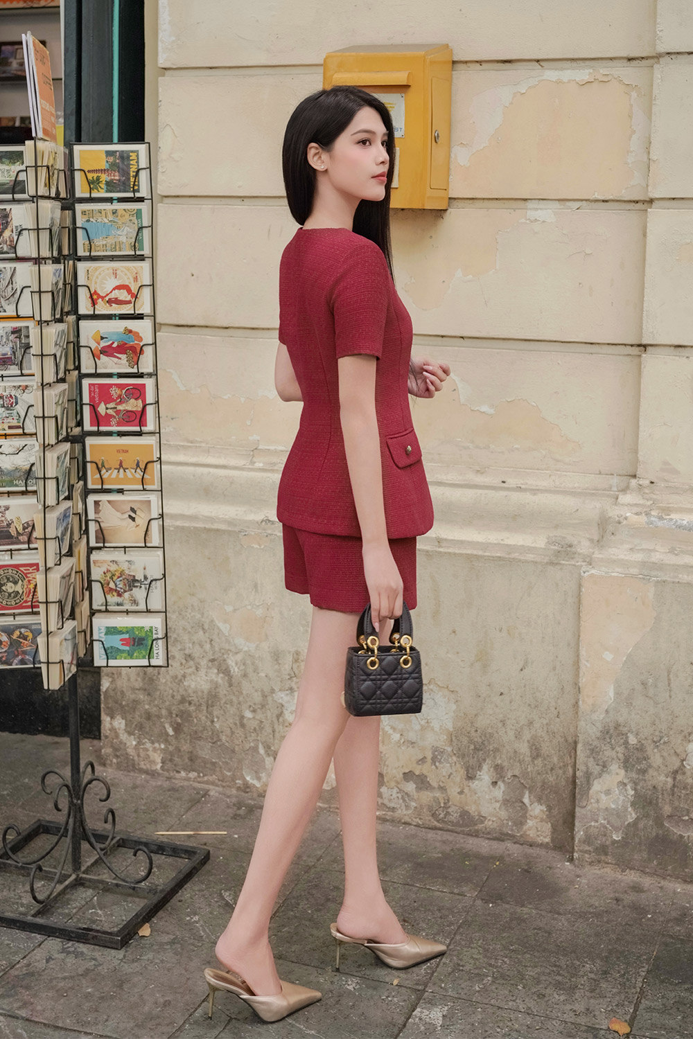 Áo tweed nữ sang trọng cổ tròn màu hồng