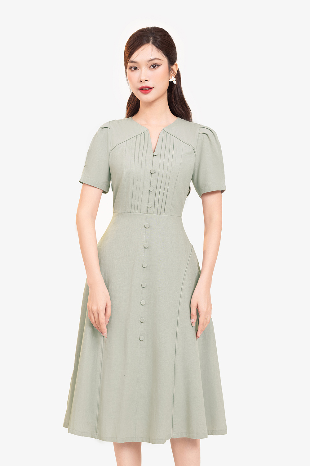 Đầm xòe chữ A tay ngắn cổ xẻ V