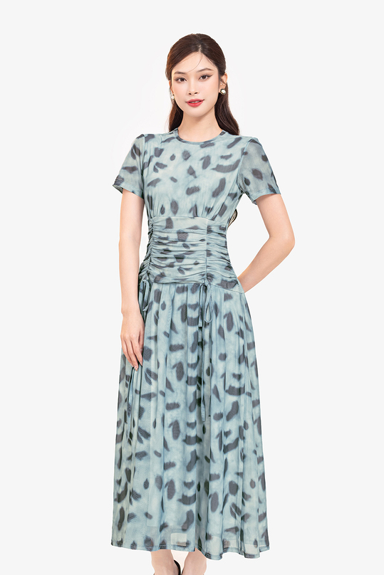 Đầm xanh dáng xòe dài họa tiết đen HL30-05