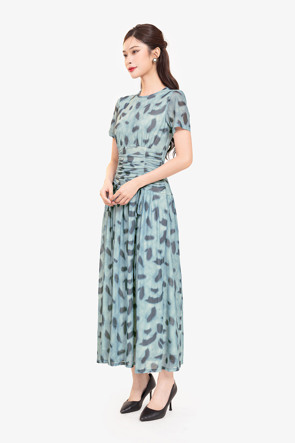 Đầm xanh dáng xòe dài họa tiết đen