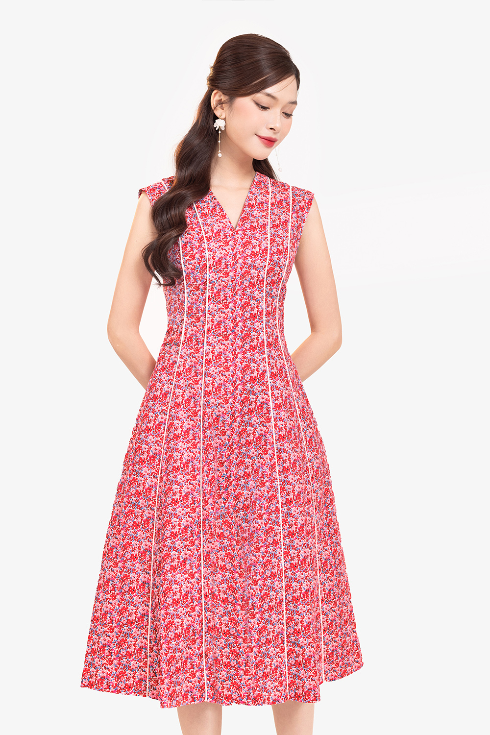 Đầm xòe hồng hoa nhí viền trắng