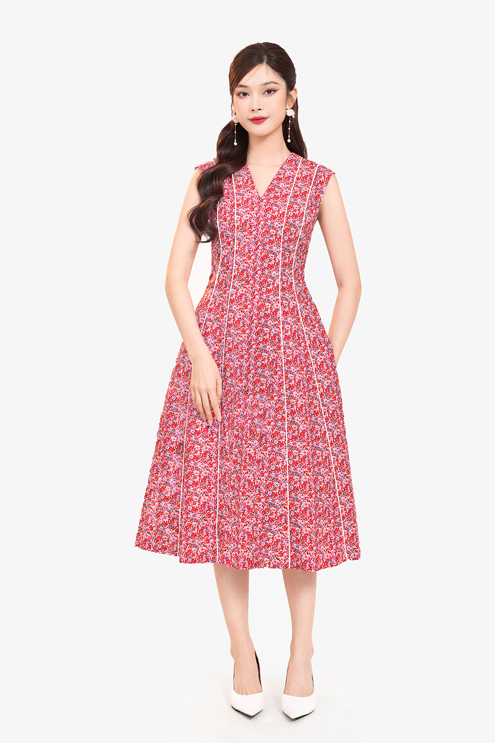 Đầm xòe hồng hoa nhí viền trắng