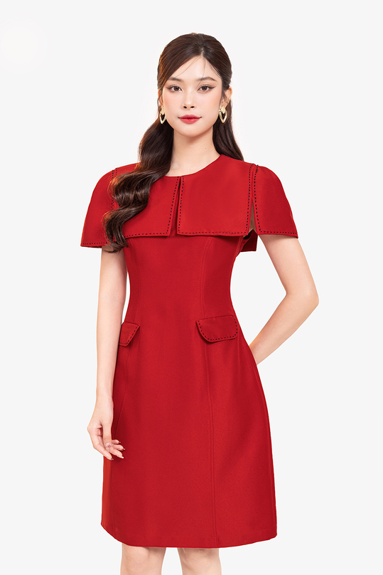 Đầm đỏ chữ A dự tiệc cổ cách điệu KK174-02