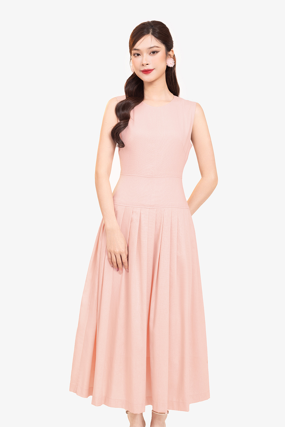 Đầm linen dáng xòe dài xếp ly màu hồng