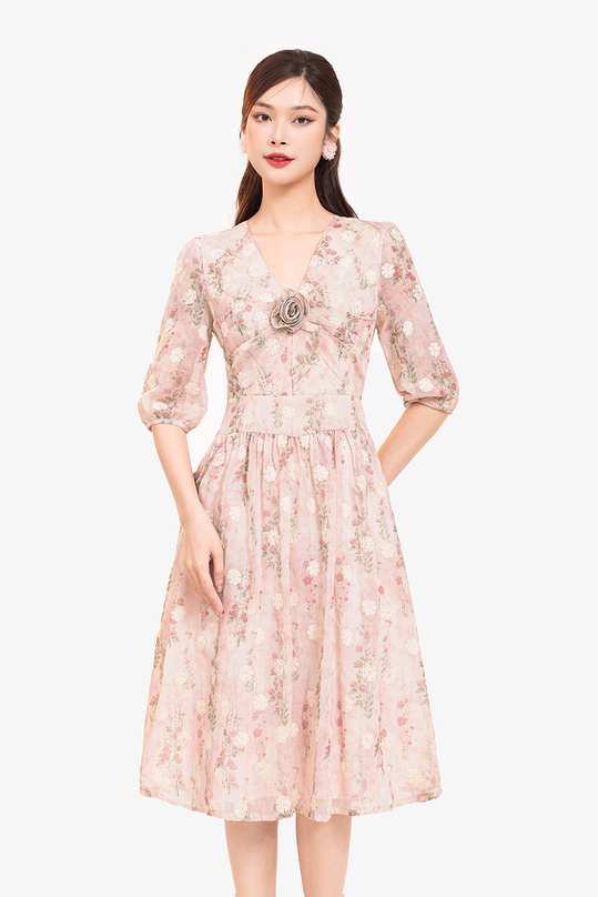 Đầm hoa dáng xòe cổ V đính hoa KK173-13