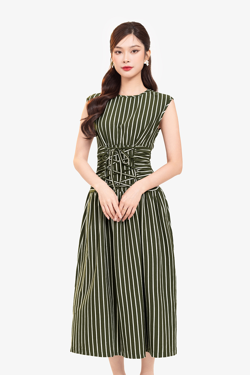 Đầm thun dáng xòe nhấn eo đan dây