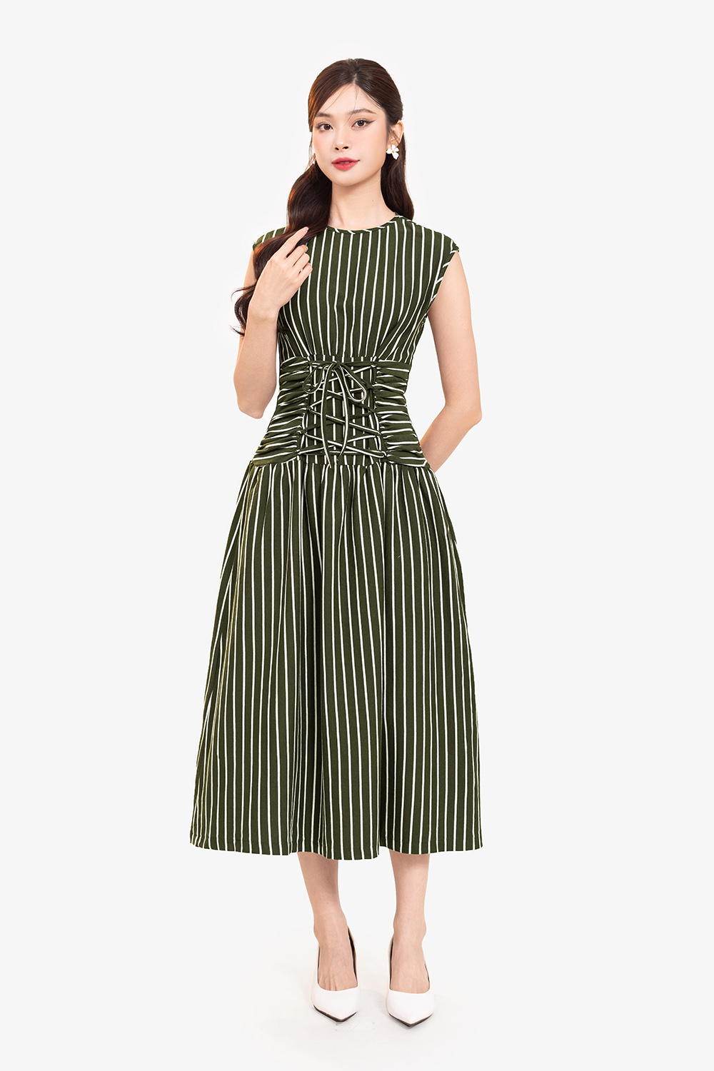 Đầm thun dáng xòe nhấn eo đan dây