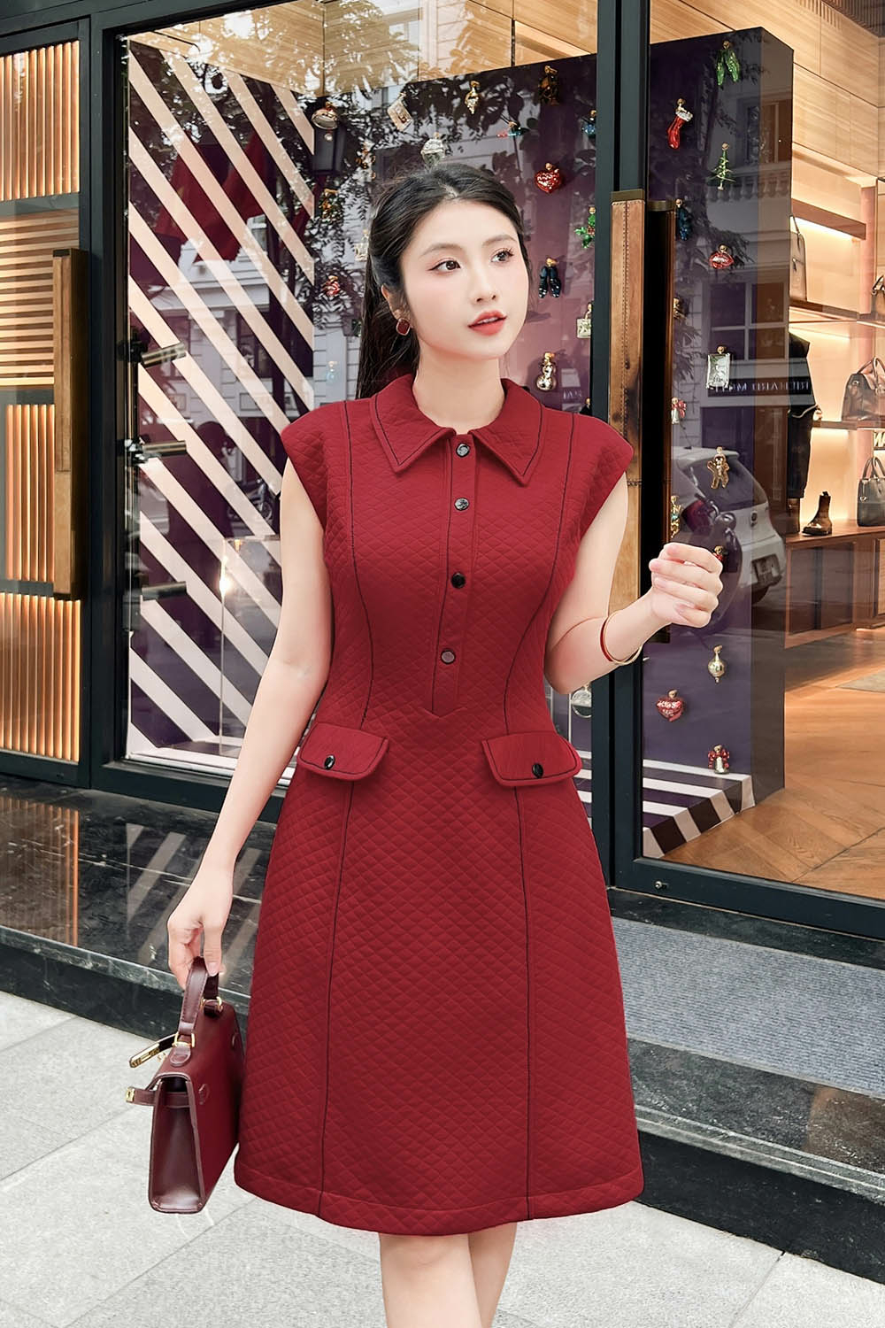 Đầm đỏ dáng chữ A cổ sơ mi phối nút KK173-40