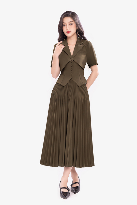 Chân váy xếp ly dáng dài màu nâu rêu CV08-35