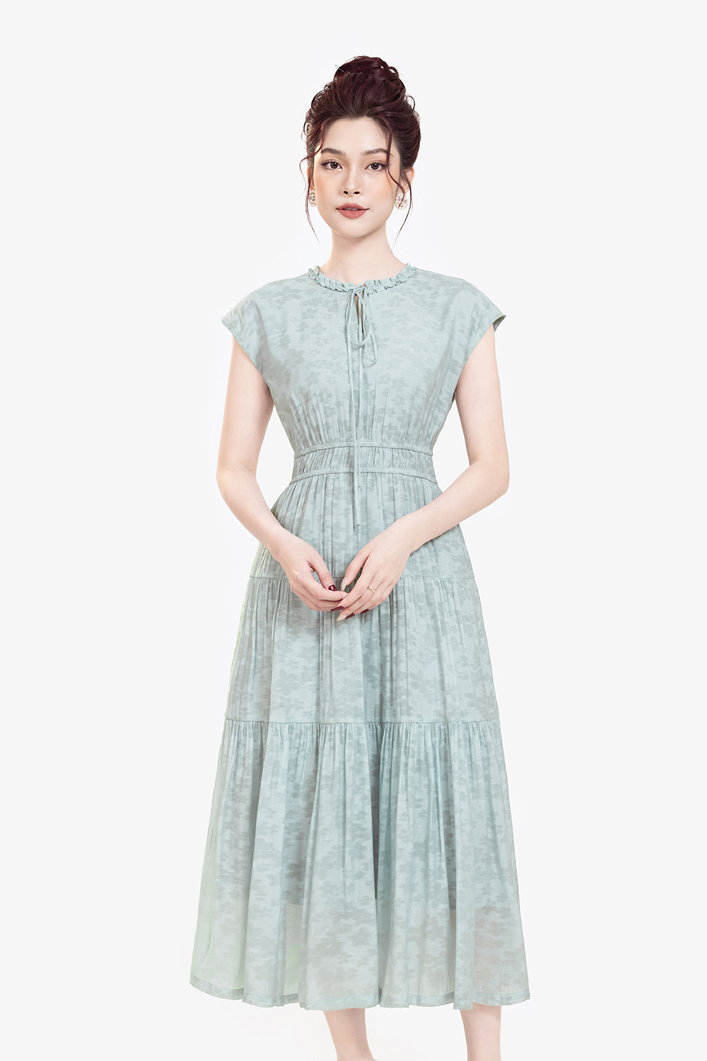 Đầm xòe dáng dài nhấn eo bo chun