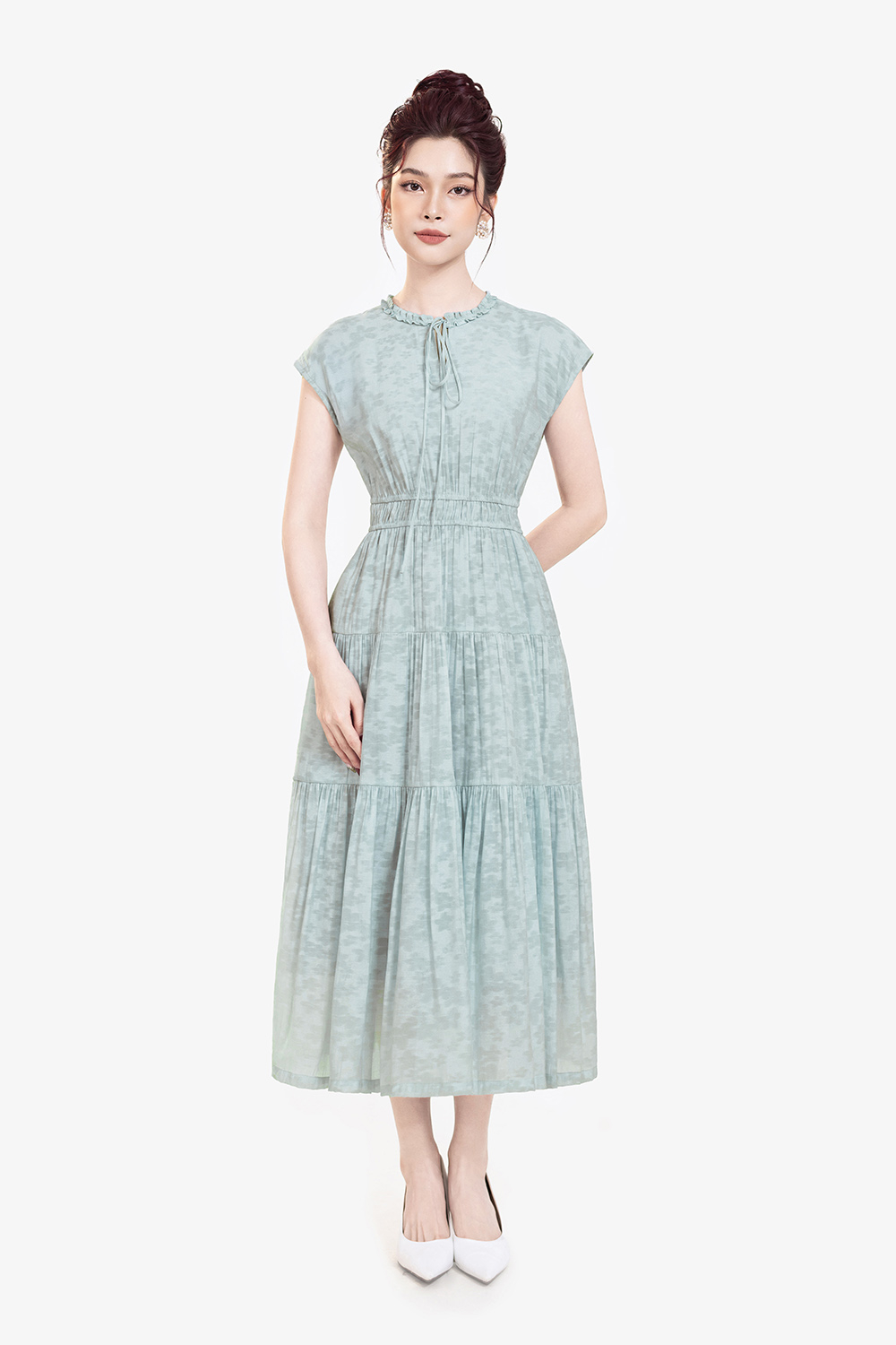 Đầm xòe dáng dài nhấn eo bo chun