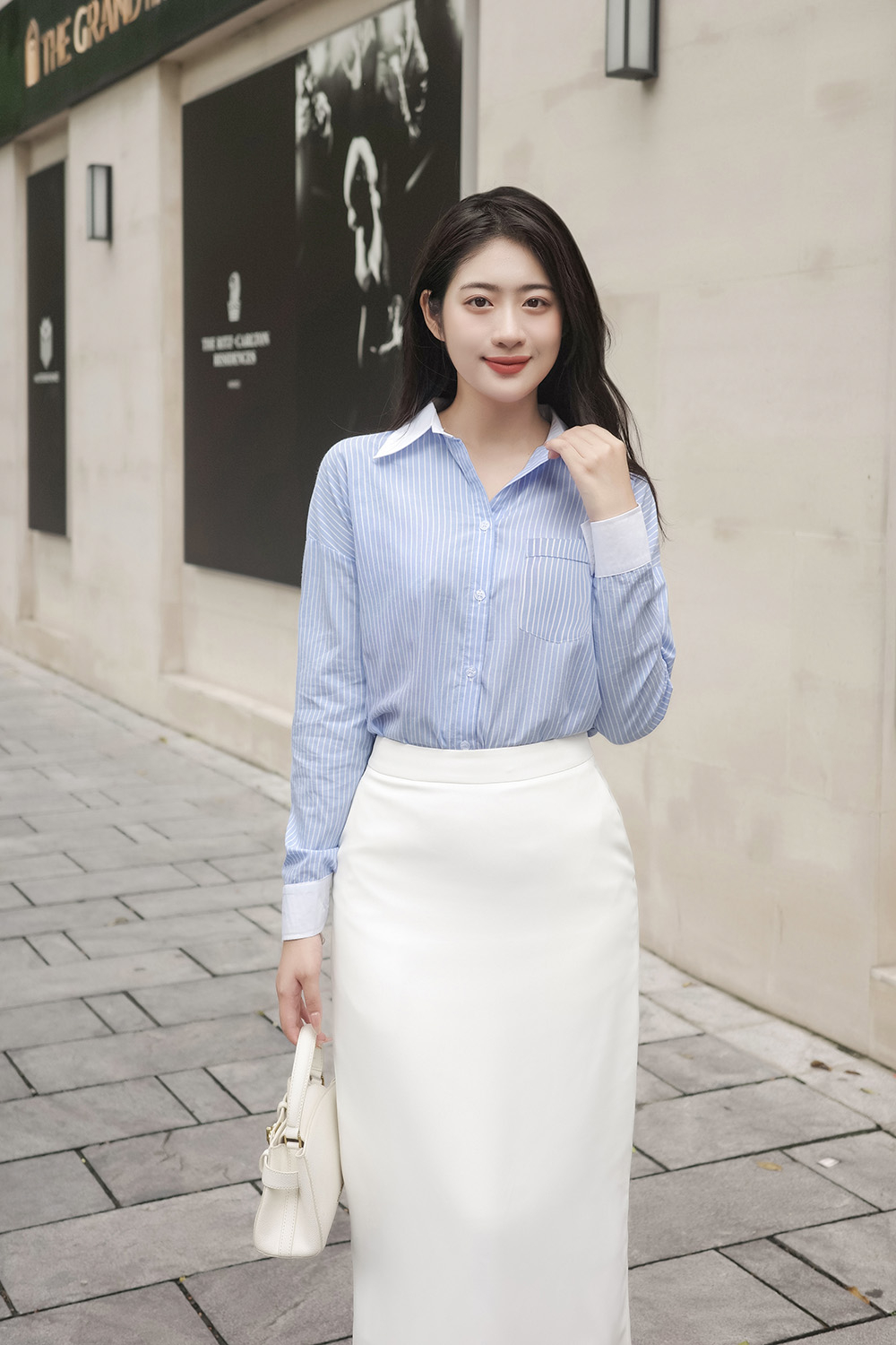 Áo sơ mi công sở nữ màu xanh kẻ sọc trắng ASM22-32