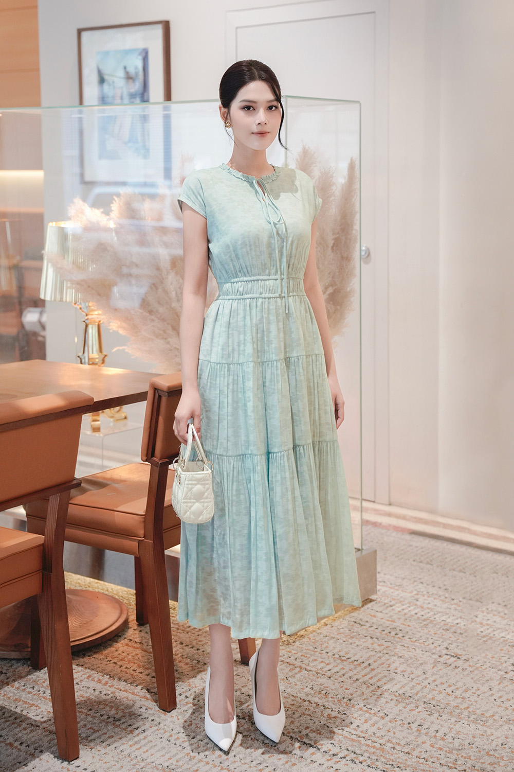 Đầm xòe dáng dài nhấn eo bo chun