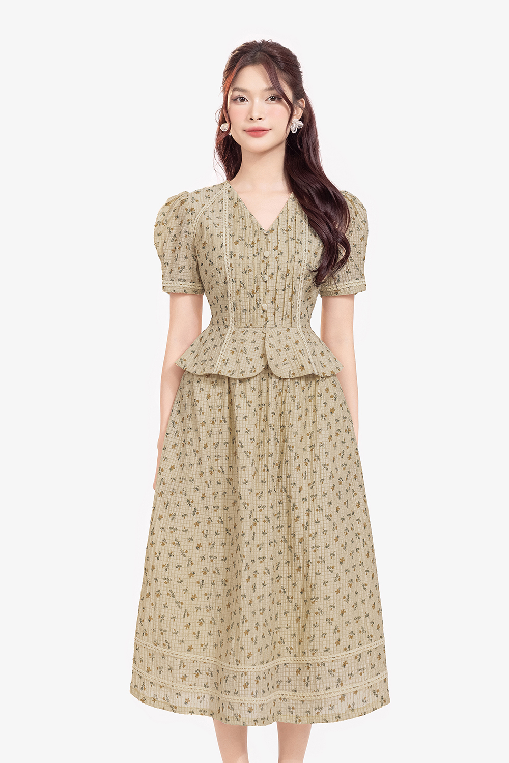 Chân váy xòe dáng dài hoa nhí