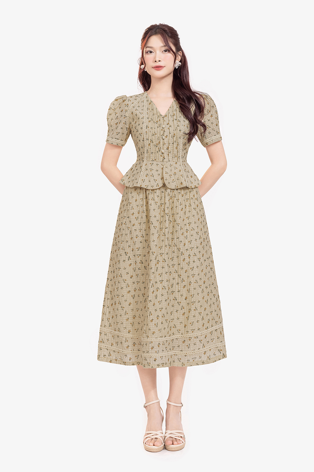 Chân váy xòe dáng dài hoa nhí