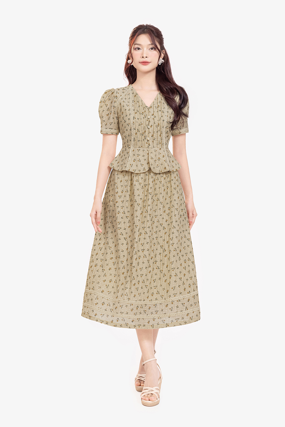 Chân váy xòe dáng dài hoa nhí