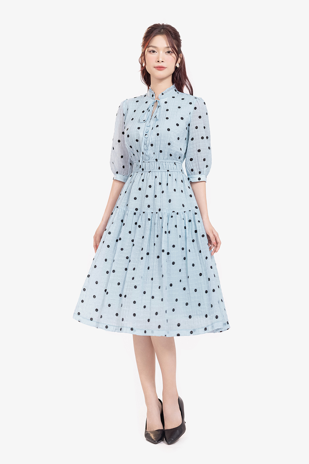Đầm xòe chấm bi eo bo chun màu xanh