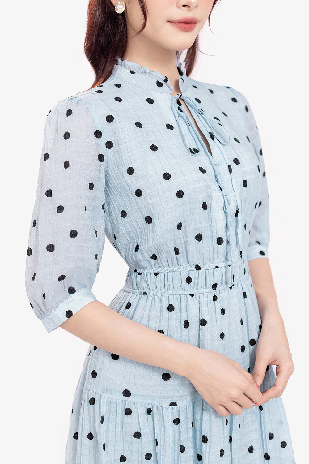 Đầm xòe chấm bi eo bo chun màu xanh