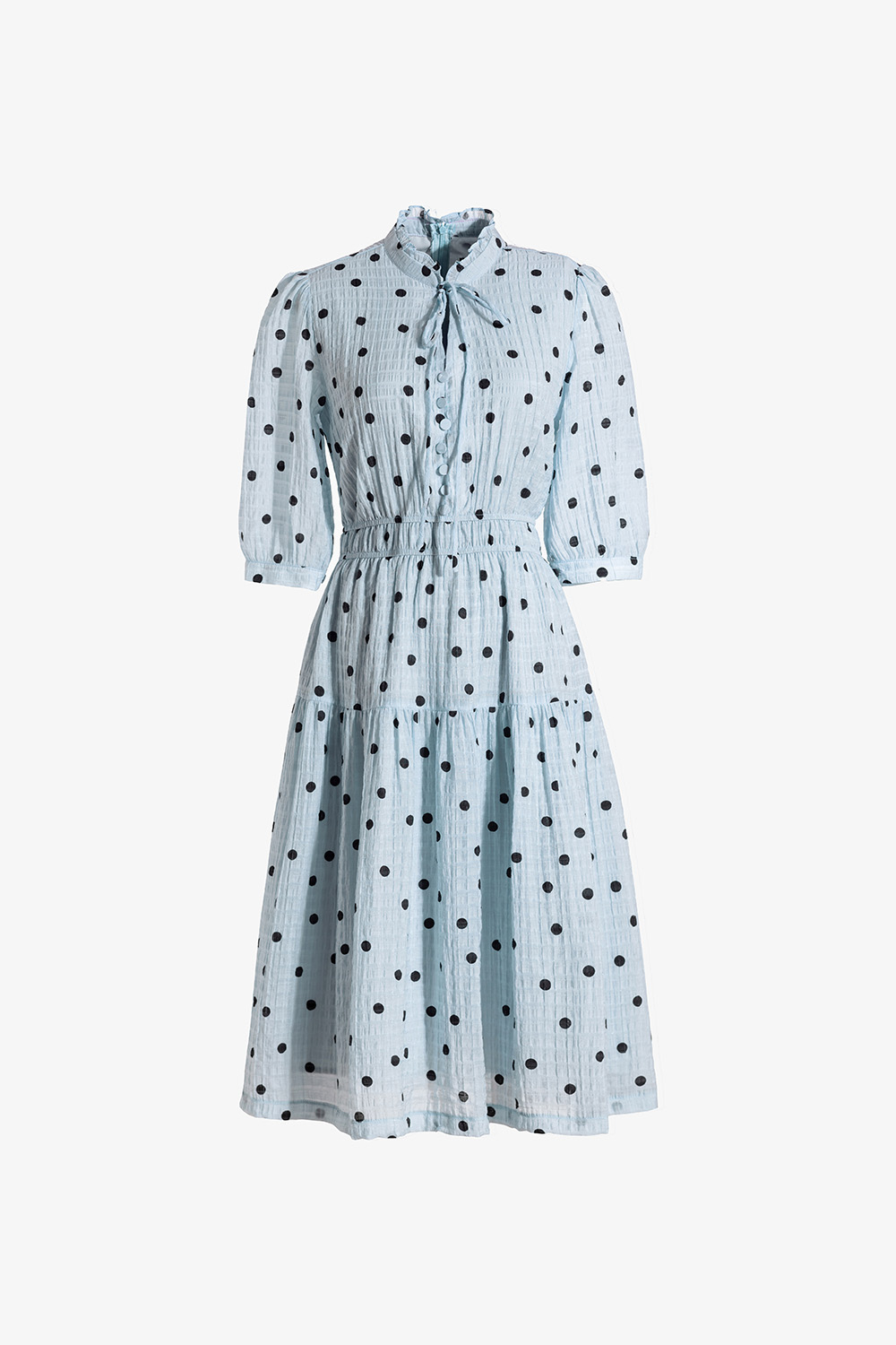 Đầm xòe chấm bi eo bo chun màu xanh