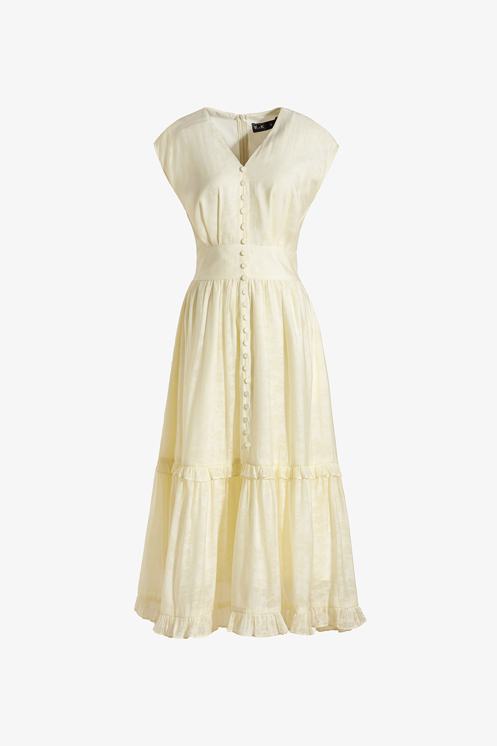 Đầm xòe dáng dài viền bèo phối nút