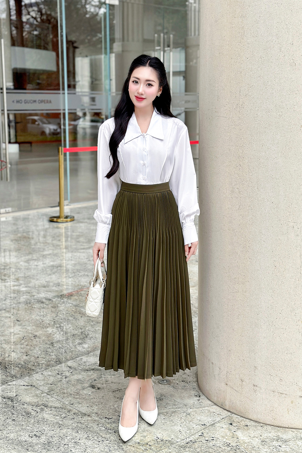 Chân váy xếp ly dáng dài màu xanh rêu CV08-37