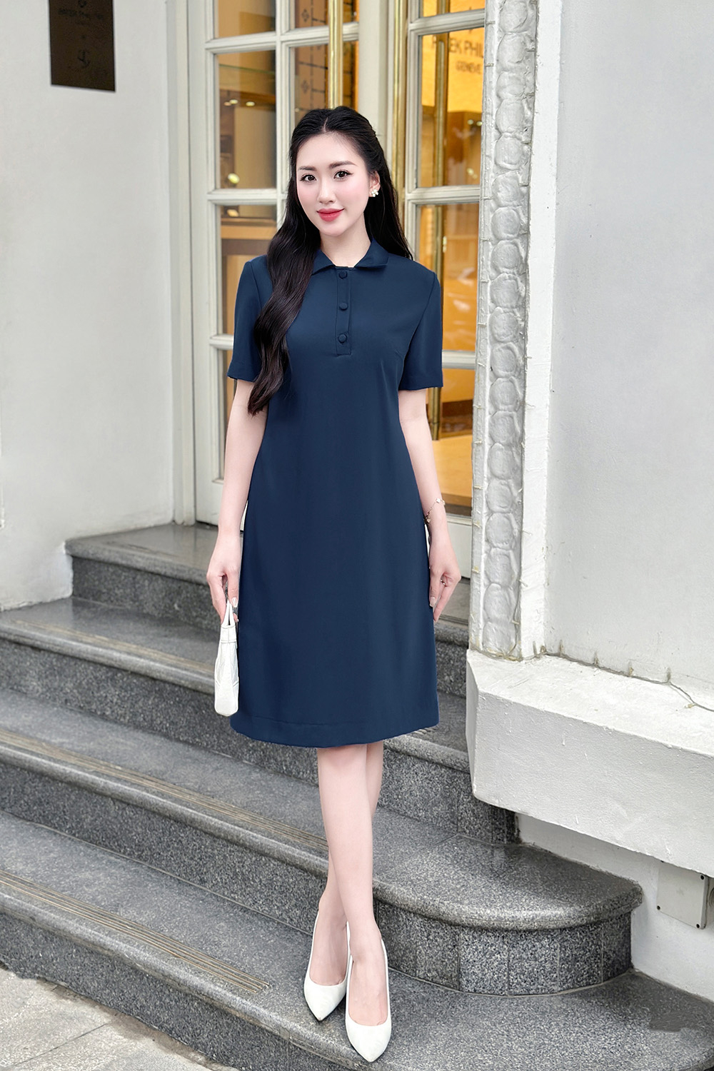 Đầm suông A cổ sơ mi màu xanh