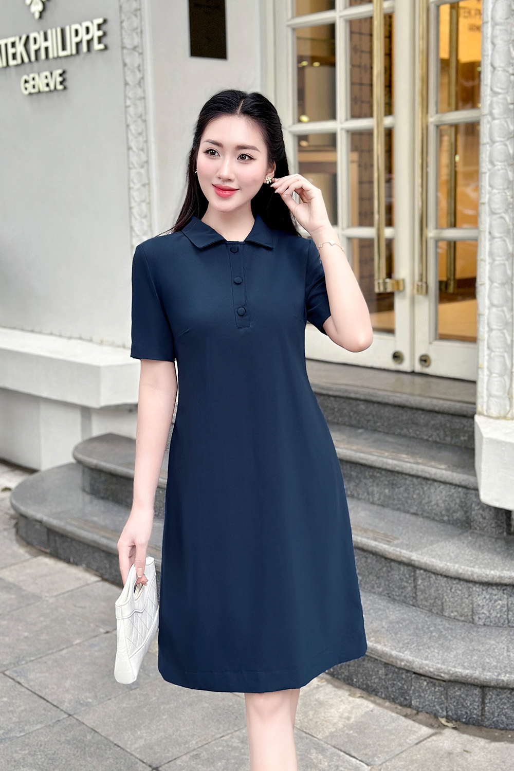 Đầm suông A cổ sơ mi màu xanh