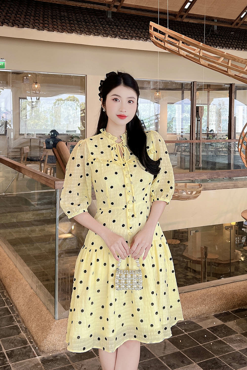 Đầm xòe chấm bi nhấn eo màu vàng KK174-33