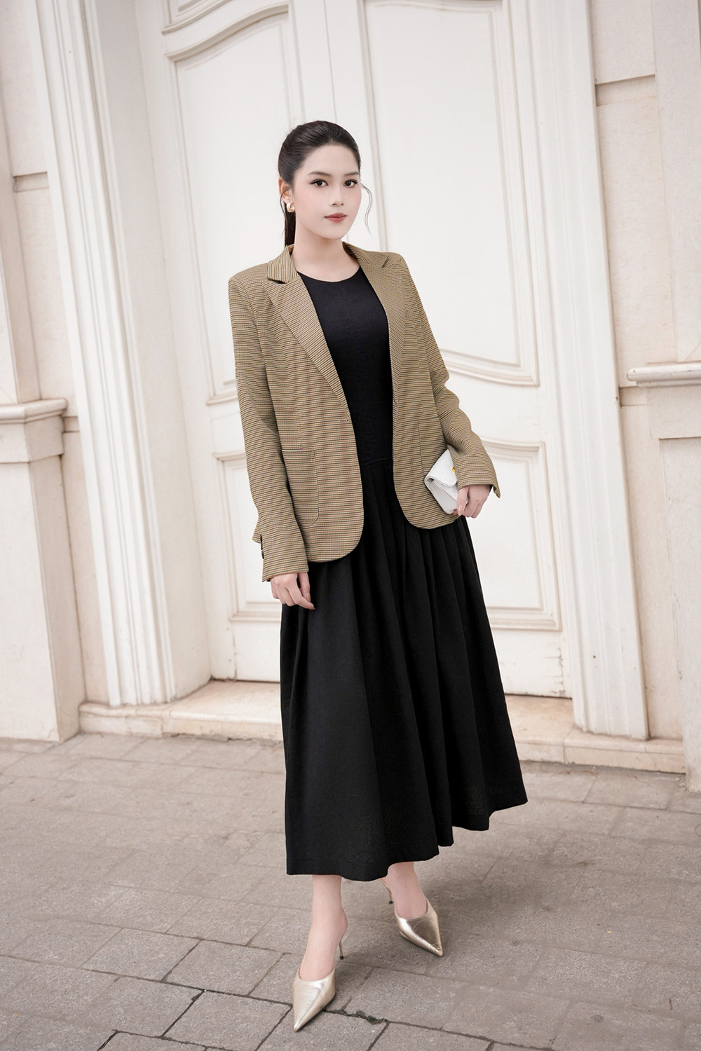 Áo khoác blazer nữ tay dài họa tiết caro