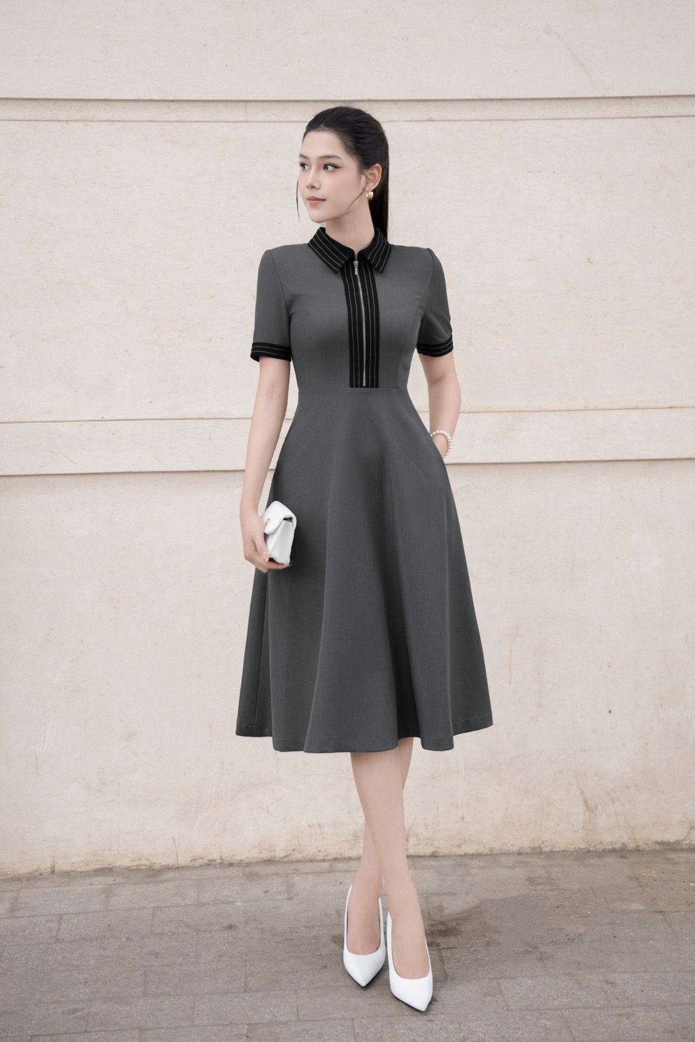 Đầm công sở dáng xòe cổ sơ mi màu xám