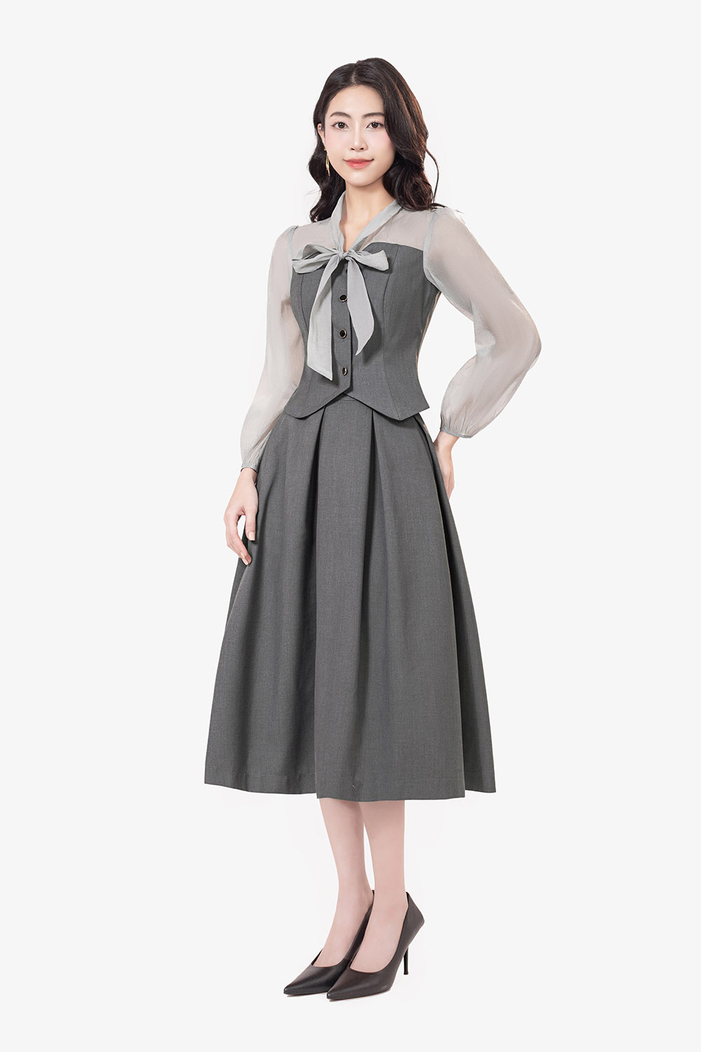 Áo kiểu công sở nữ phối màu tay dài