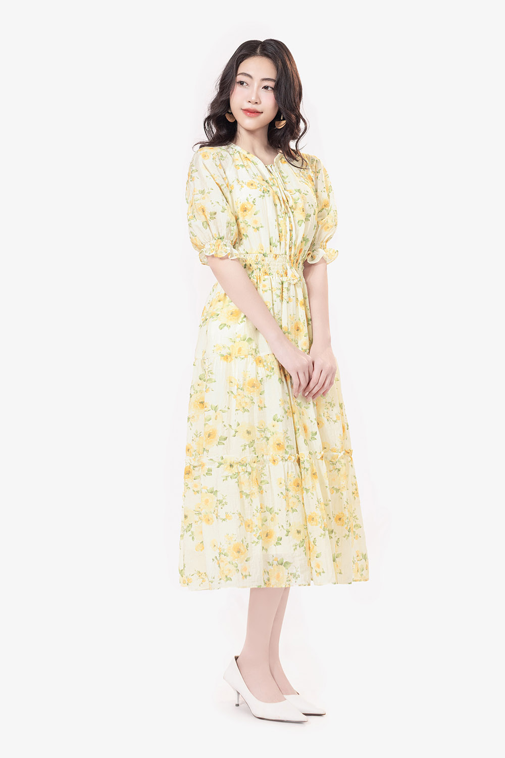 Đầm hoa dáng dài đuôi cá cổ phối nơ
