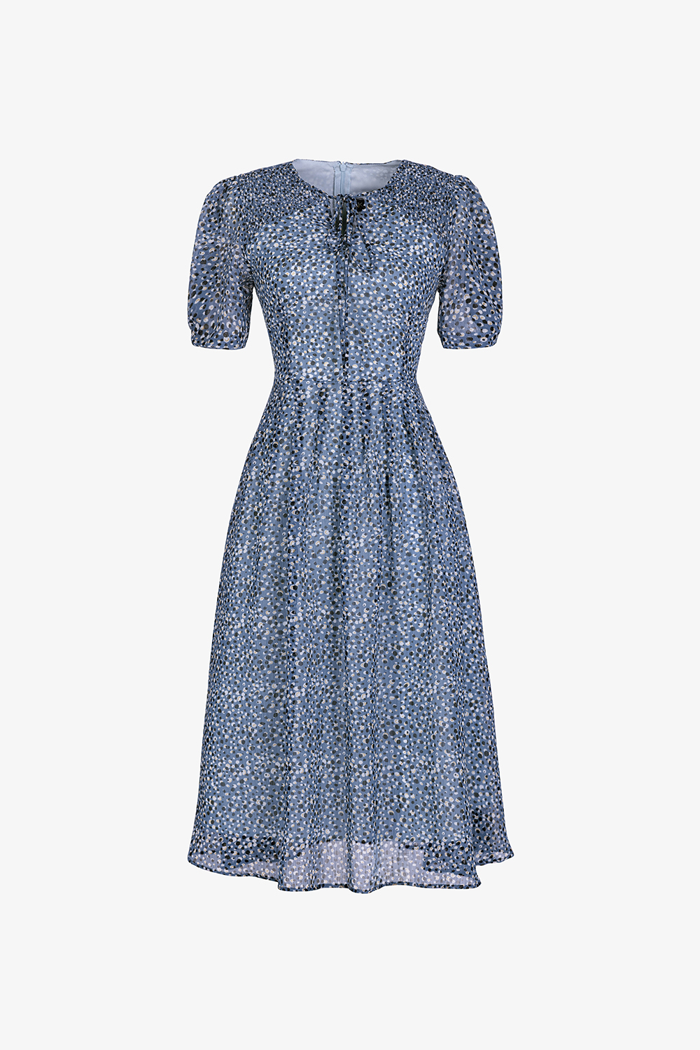 Đầm xòe họa tiết chấm bi cổ phối nơ